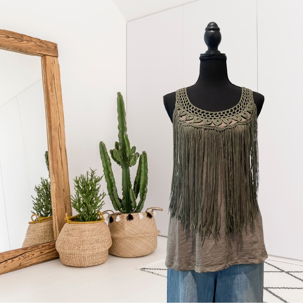 Sundance Crochet Trim Fringe Front Tank Top